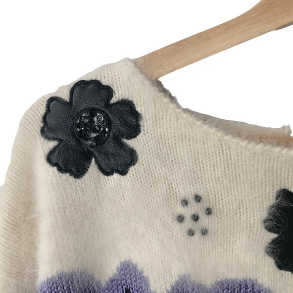 Vintage Lara Ferrante Angora Sweater Faux Leather Flowers Sequins Black Purple L - Picture 4 of 11